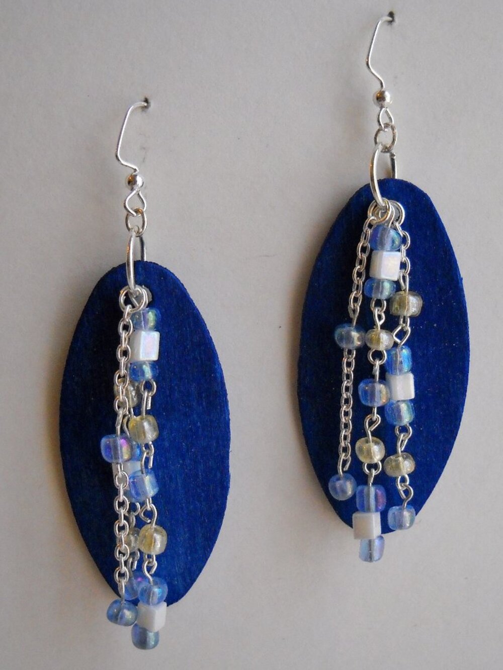 Blue White Earrings Beaded Oval Painted Wood Handcrafted Unique Dangle New Gift